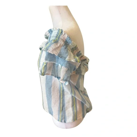 Socialite Pink, White, Yellow, Blue Striped off the Shoulder Crop Top-Sz Large - Picture 2 of 6